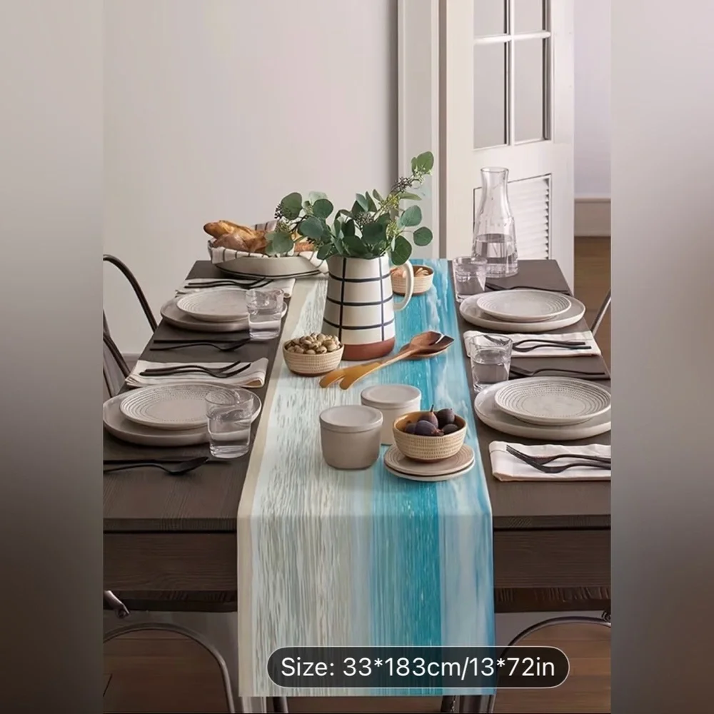 Set of 3 Linen like Coastal Blue Table Runner - Beach Wave Design